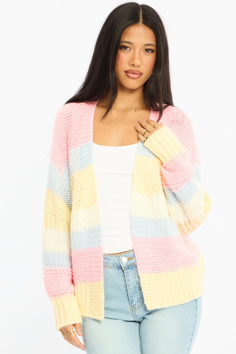 Blue Stripe Oversized Knit Cardigan Long Sleeve for Ally Fashion