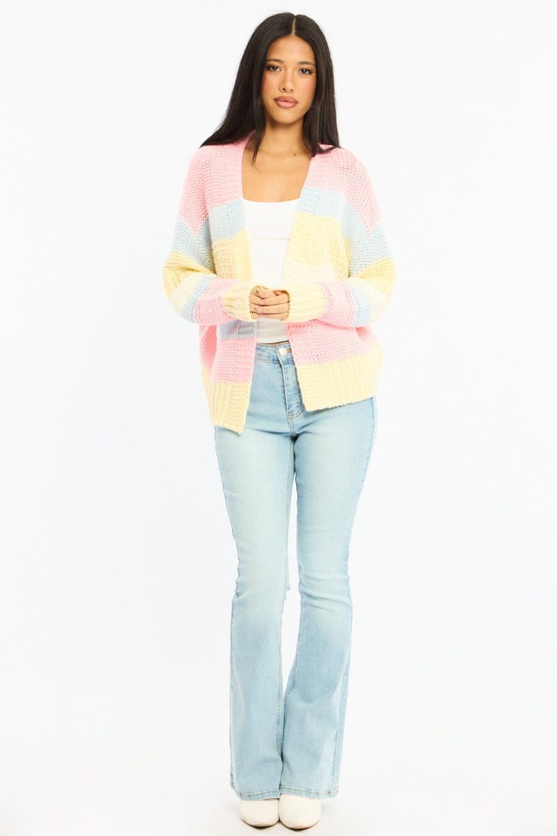 Blue Stripe Oversized Knit Cardigan Long Sleeve for Ally Fashion