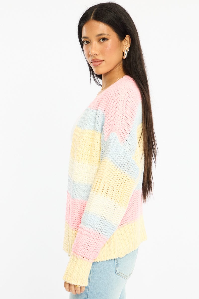 Blue Stripe Oversized Knit Cardigan Long Sleeve for Ally Fashion