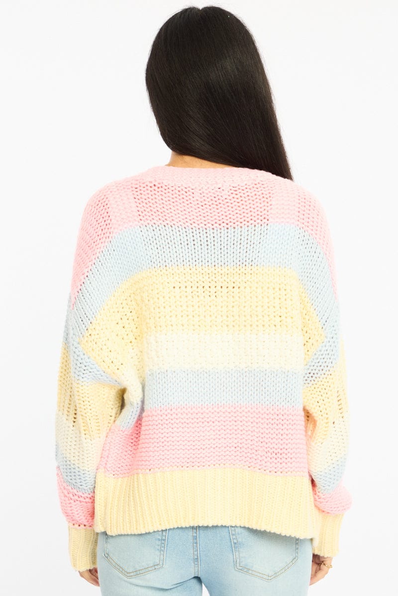 Blue Stripe Oversized Knit Cardigan Long Sleeve for Ally Fashion