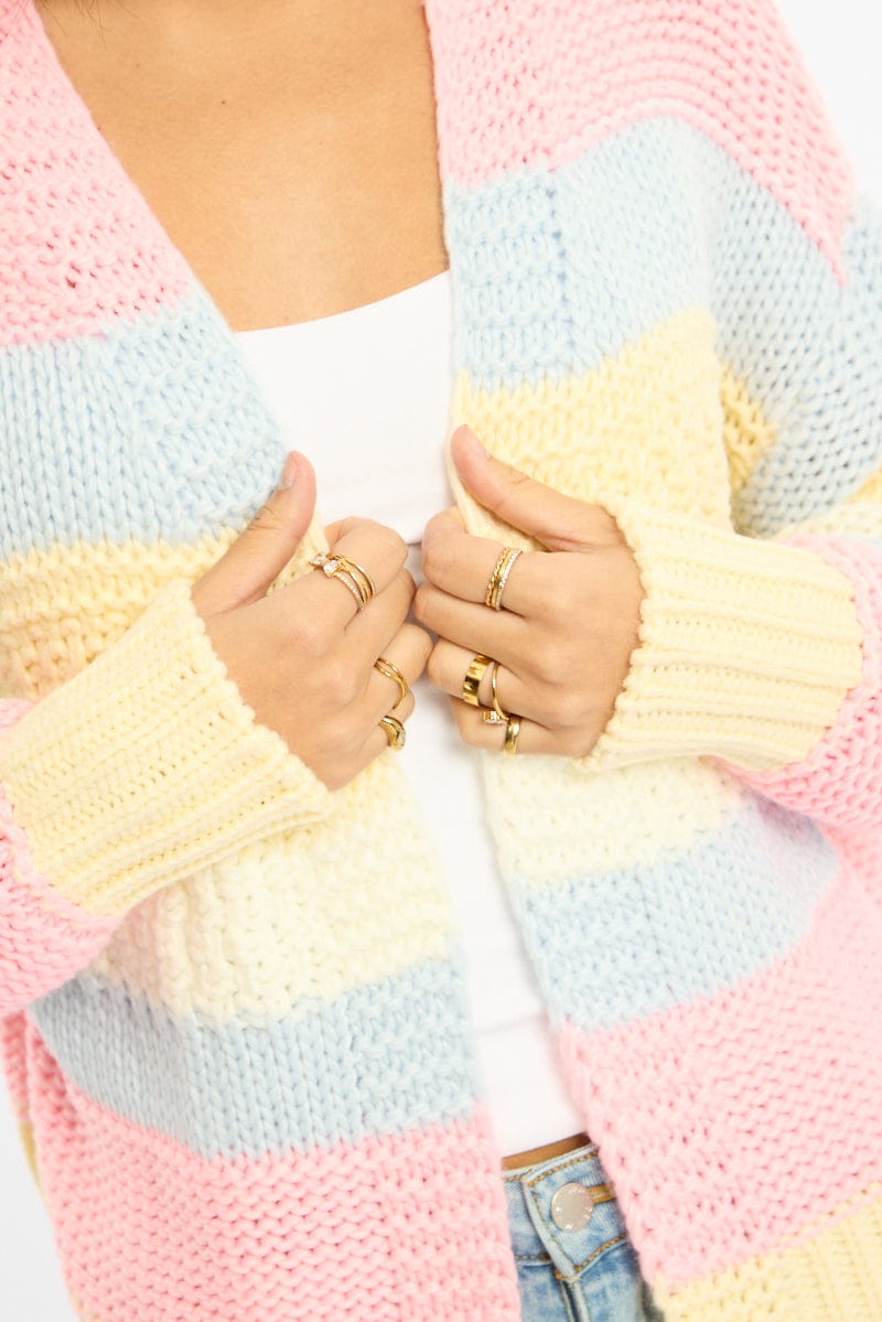 Blue Stripe Oversized Knit Cardigan Long Sleeve for Ally Fashion