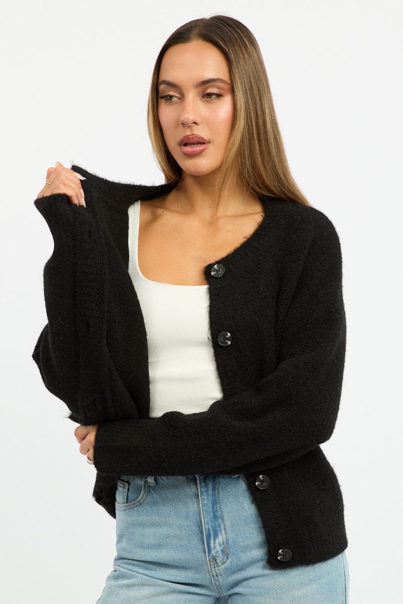 Black Knit Cardigan Crew Neck for Ally Fashion