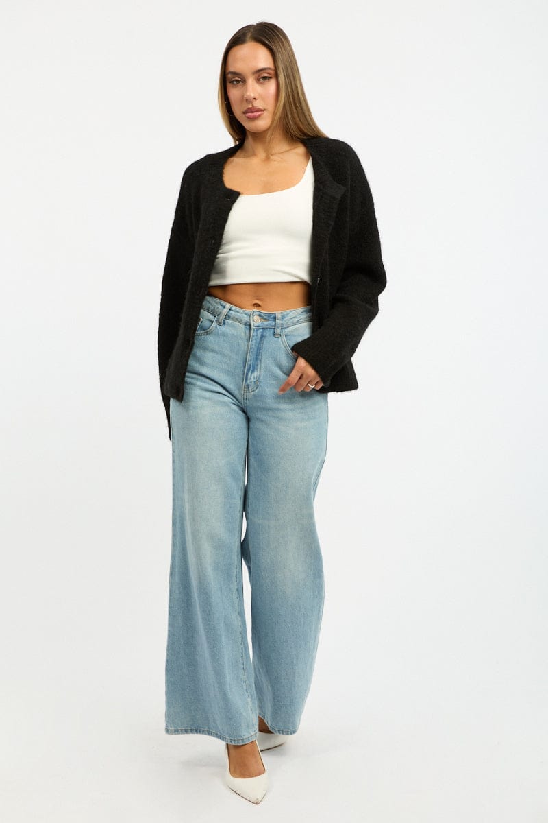 Black Knit Cardigan Crew Neck for Ally Fashion