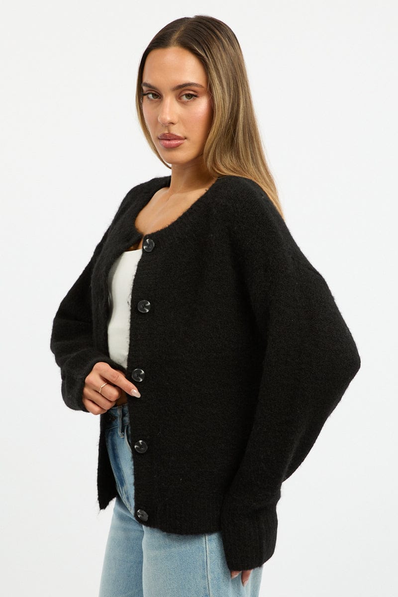 Black Knit Cardigan Crew Neck for Ally Fashion