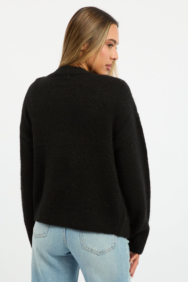 Black Knit Cardigan Crew Neck for Ally Fashion