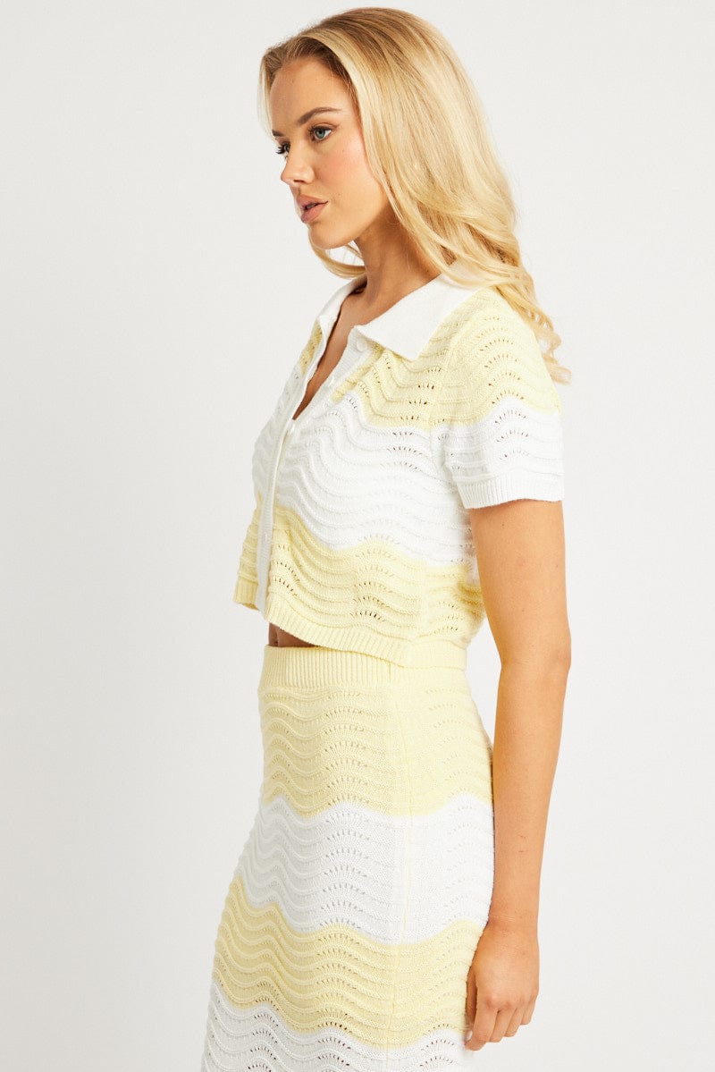 Yellow Stripe Crochet Knit Top Collared for Ally Fashion