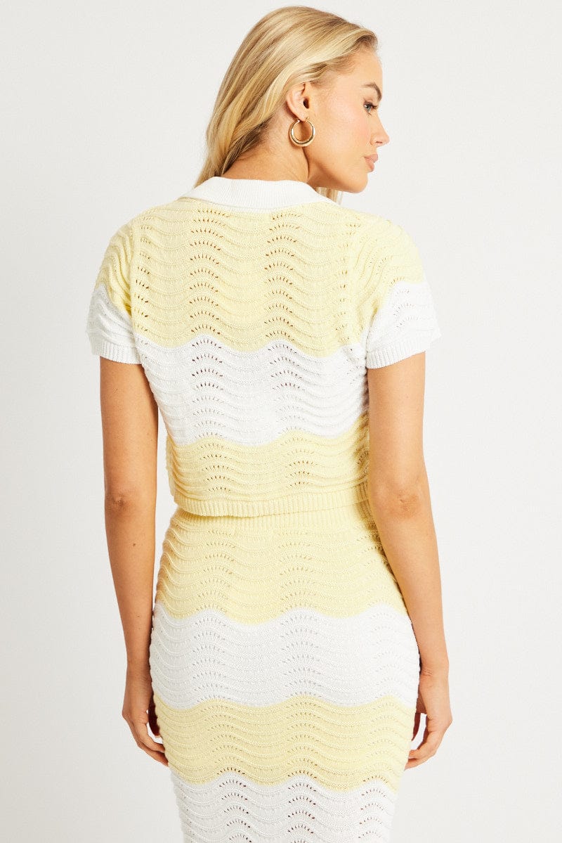 Yellow Stripe Crochet Knit Top Collared for Ally Fashion