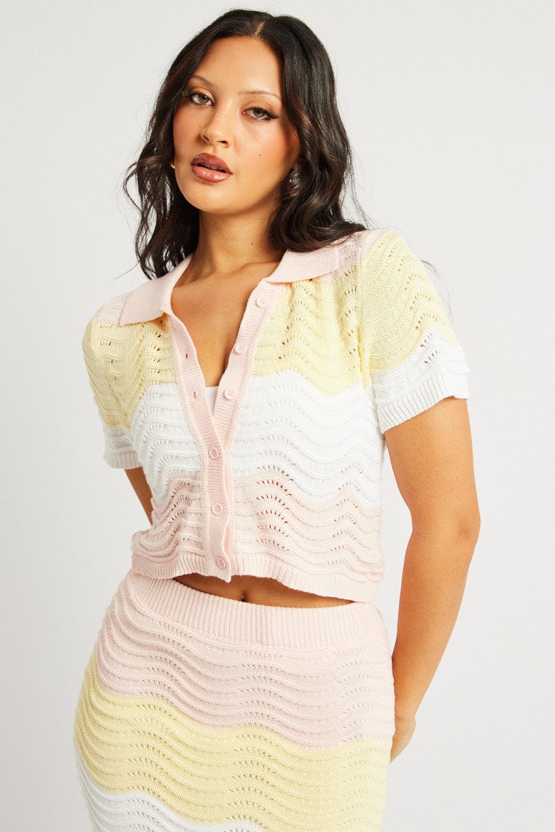 Multi Stripe Crochet Knit Top Collared for Ally Fashion