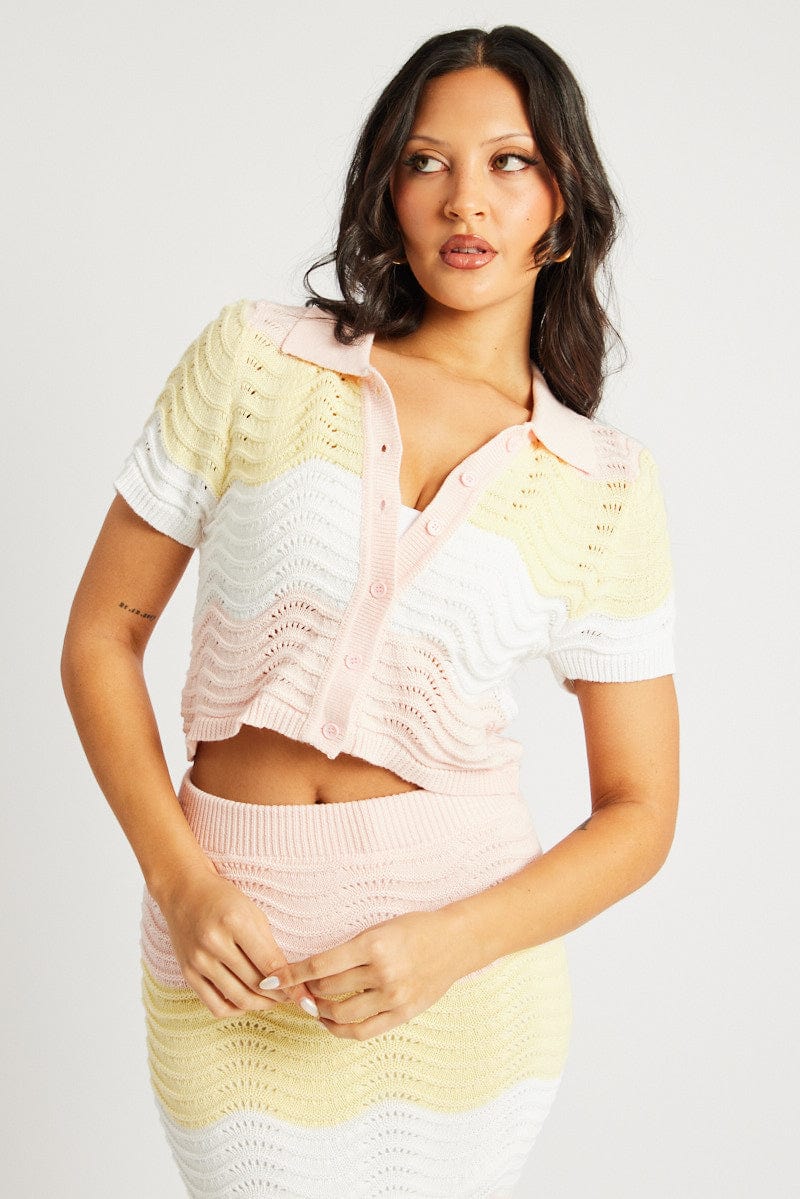 Multi Stripe Crochet Knit Top Collared for Ally Fashion