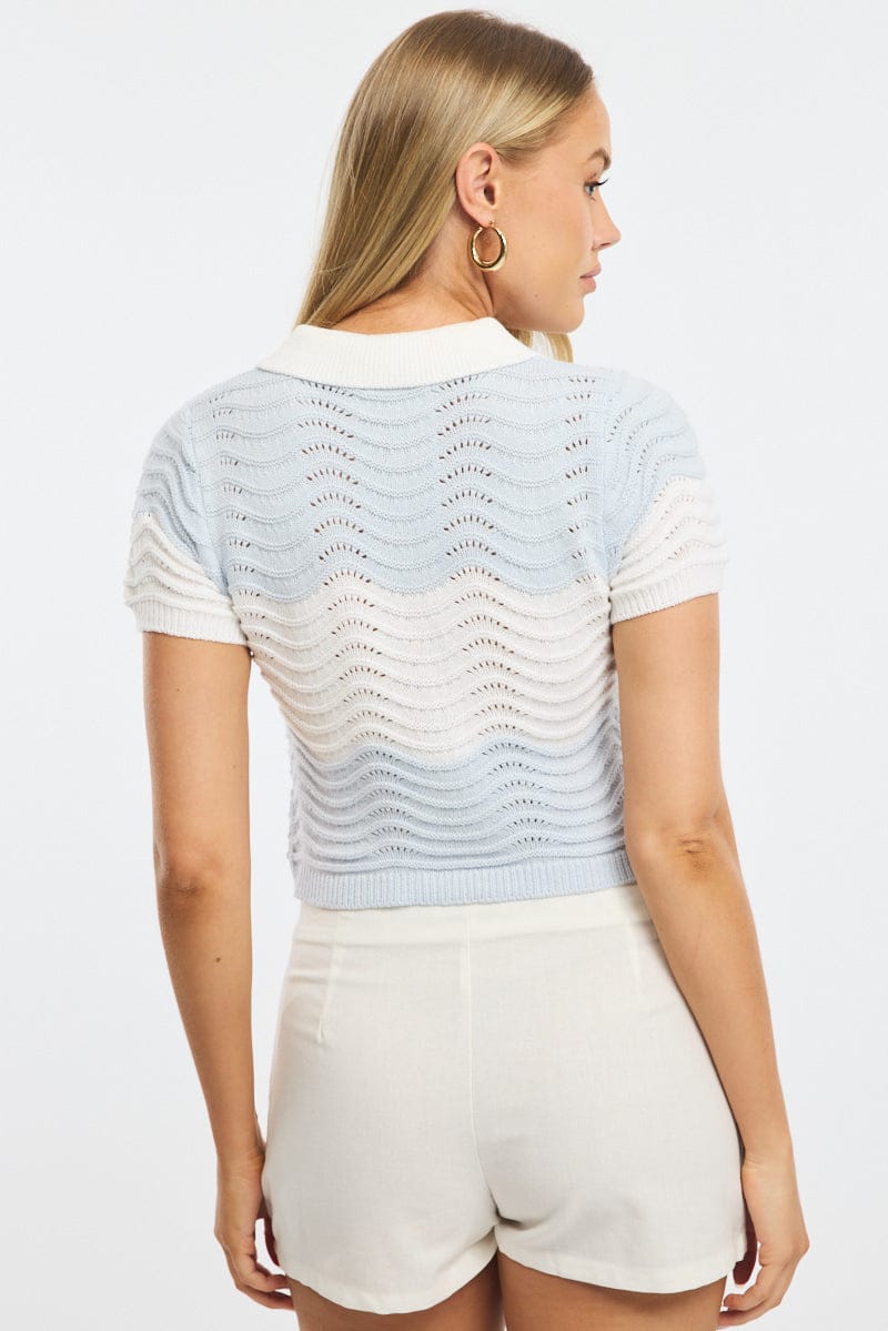 Blue Stripe Knit Cardigan Short Sleeve for Ally Fashion