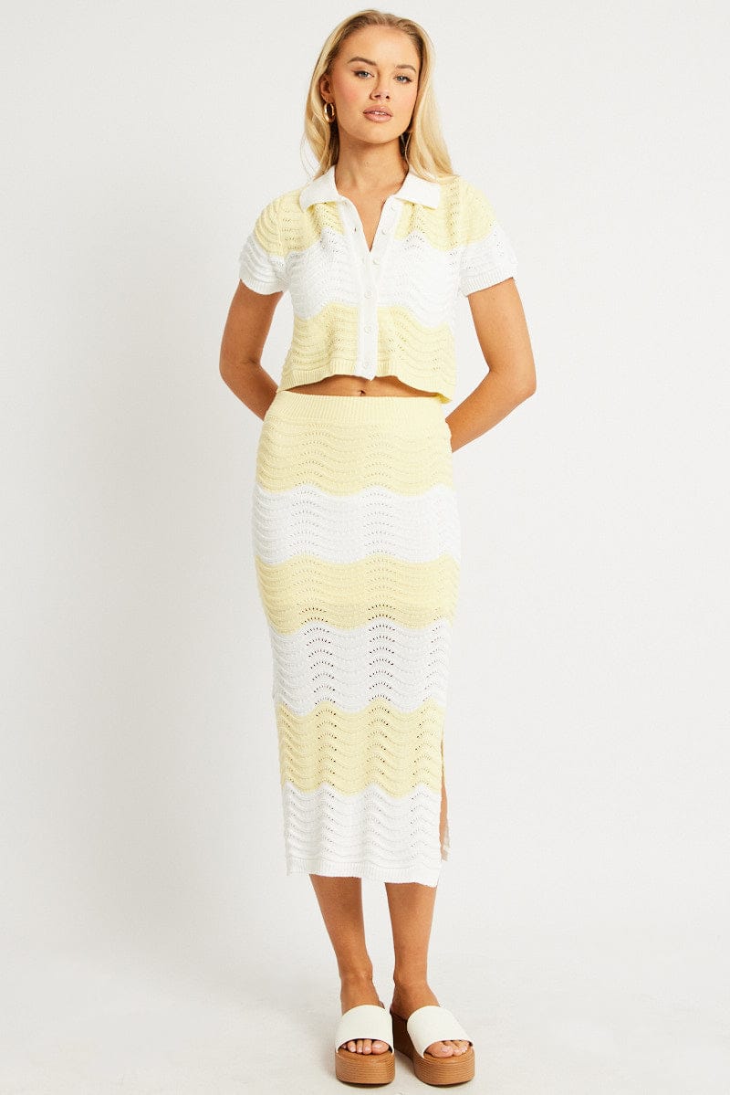 Yellow Stripe Knit Cardigan Short Sleeve Stripe for Ally Fashion