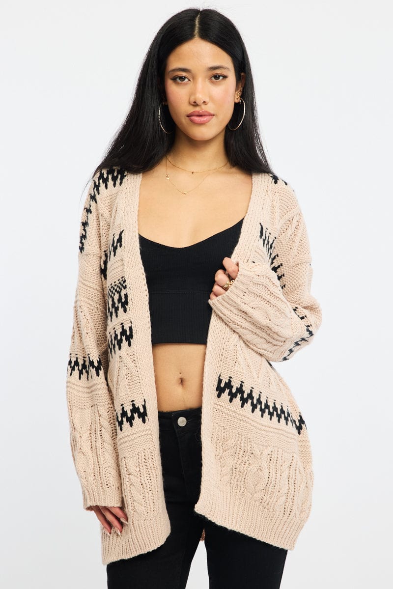 Beige Aztec Longline Cardigan for Ally Fashion