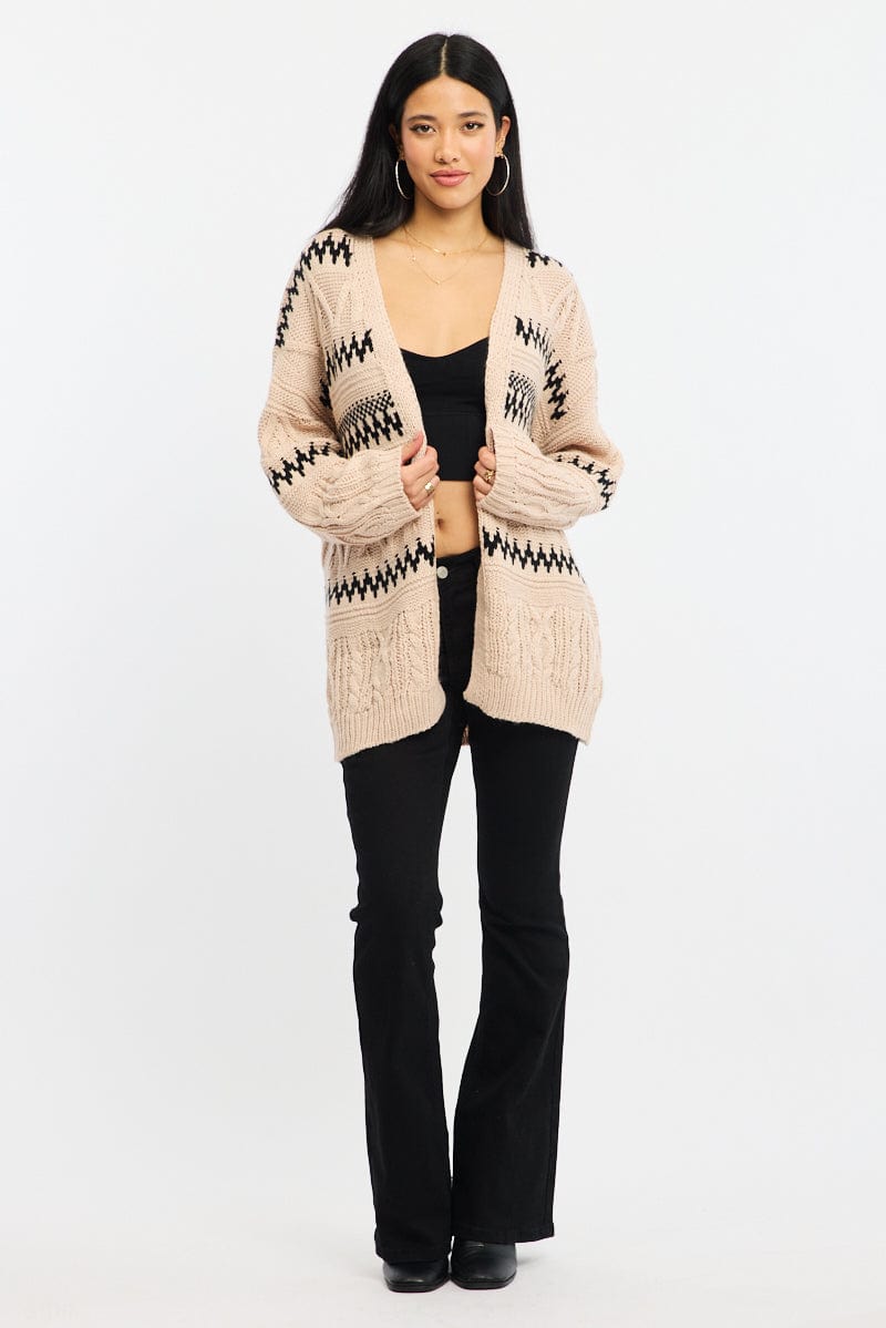 Beige Aztec Longline Cardigan for Ally Fashion