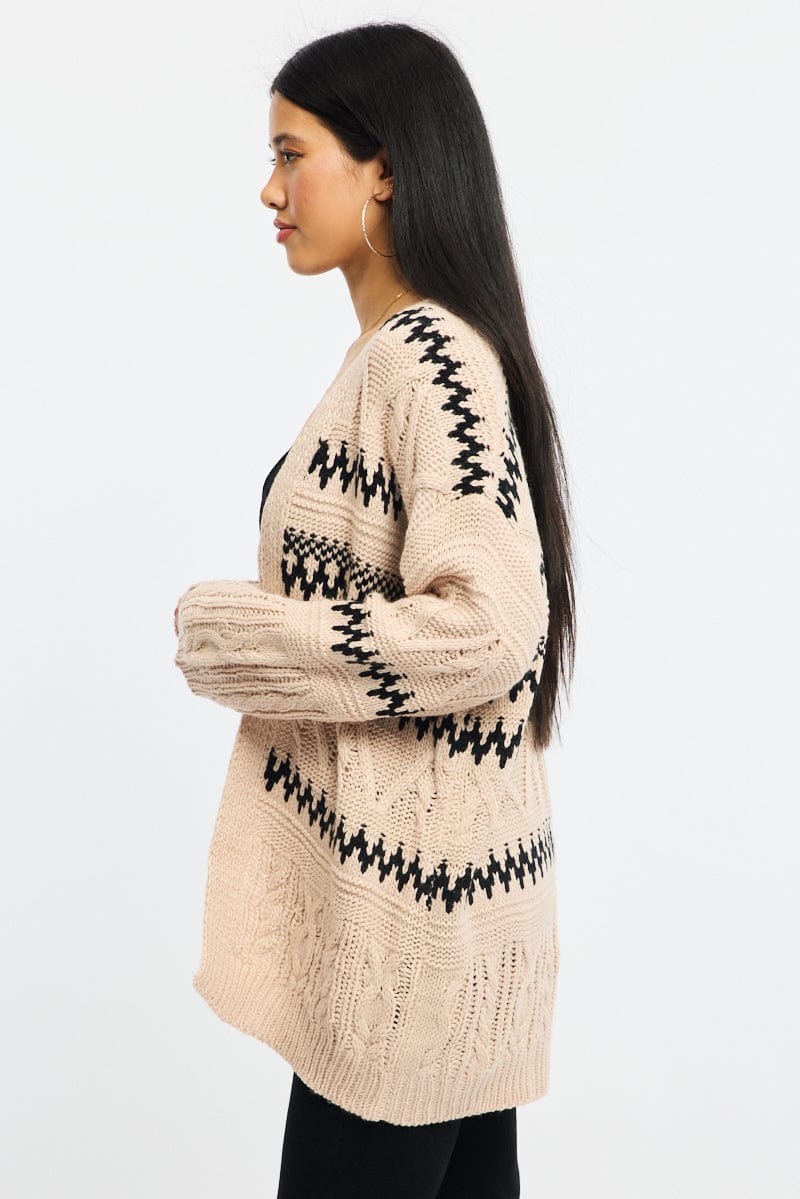 Beige Aztec Longline Cardigan for Ally Fashion