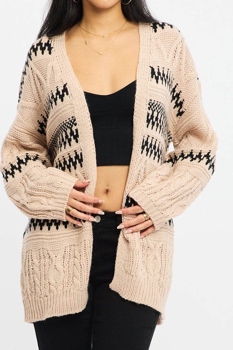 Beige Aztec Longline Cardigan for Ally Fashion
