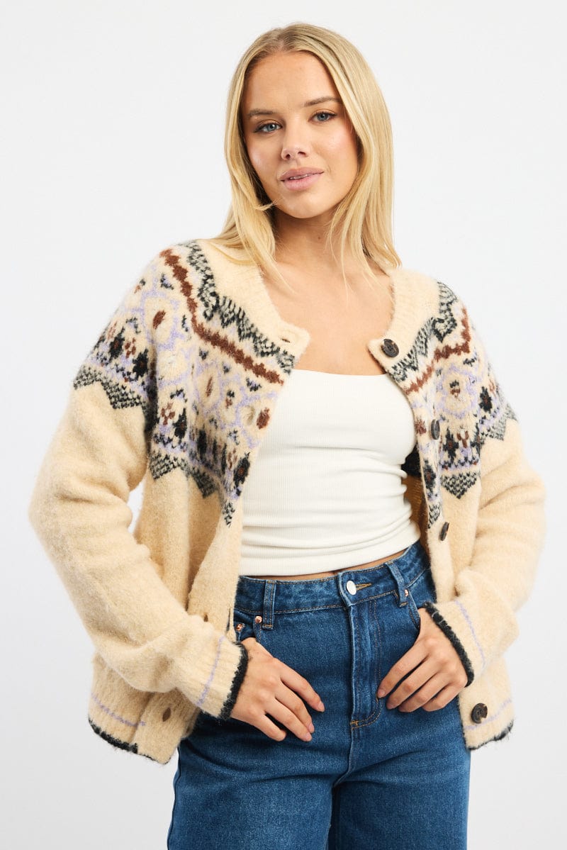 Beige Aztec Knit Cardigan Long Sleeve Crew Neck for Ally Fashion