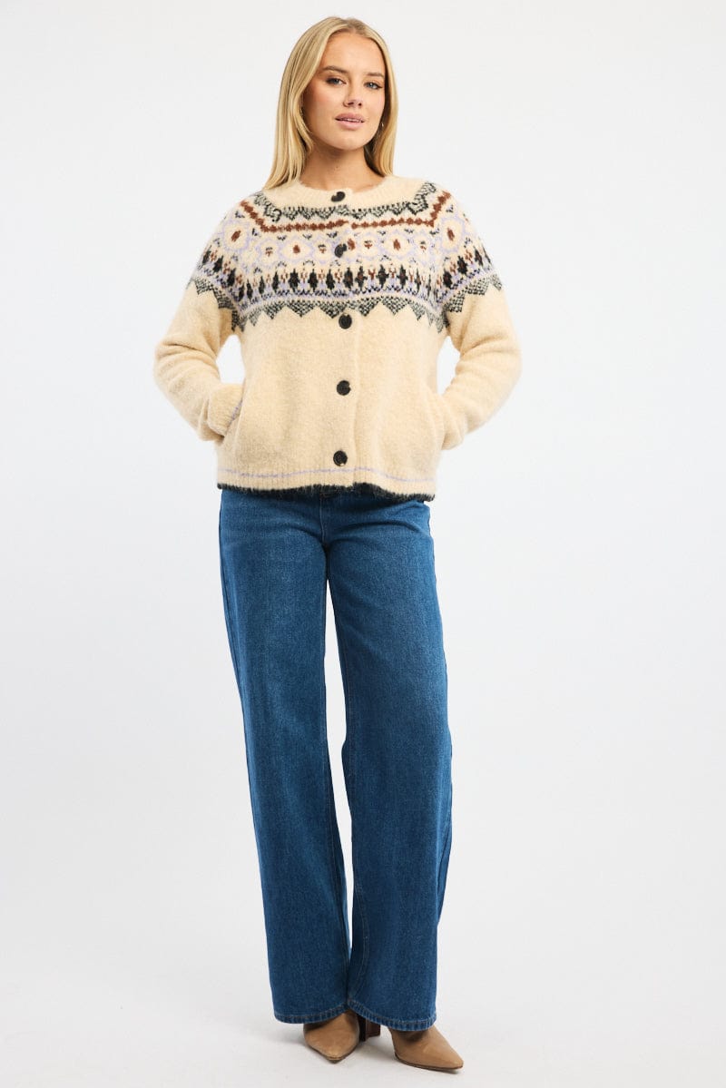 Beige Aztec Knit Cardigan Long Sleeve Crew Neck for Ally Fashion