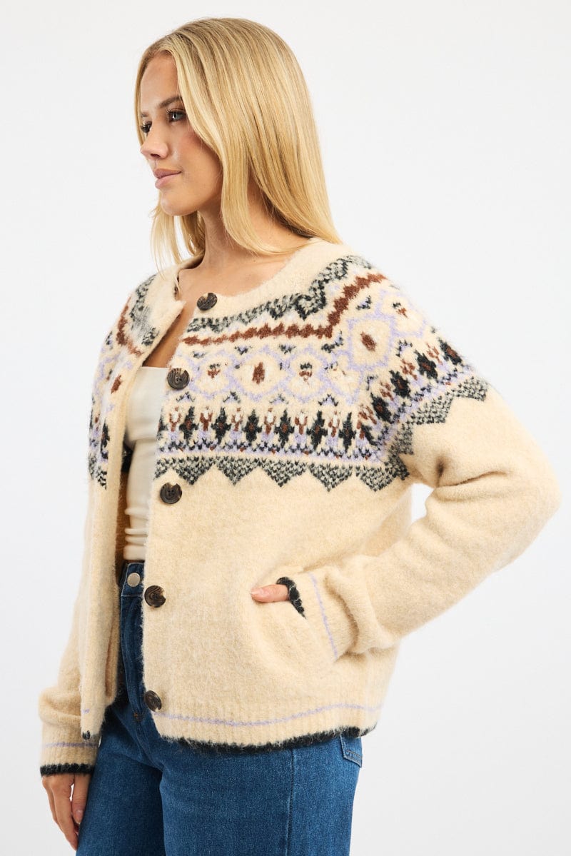 Beige Aztec Knit Cardigan Long Sleeve Crew Neck for Ally Fashion