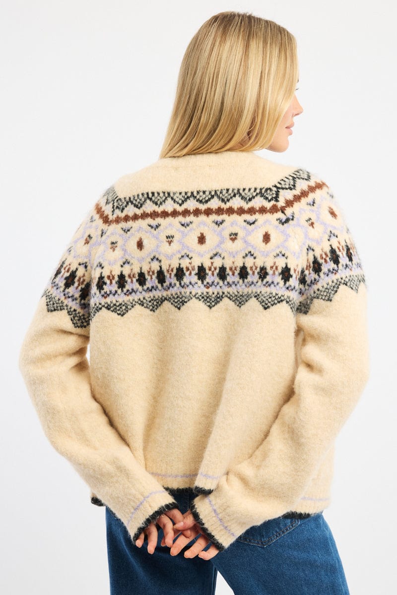 Beige Aztec Knit Cardigan Long Sleeve Crew Neck for Ally Fashion