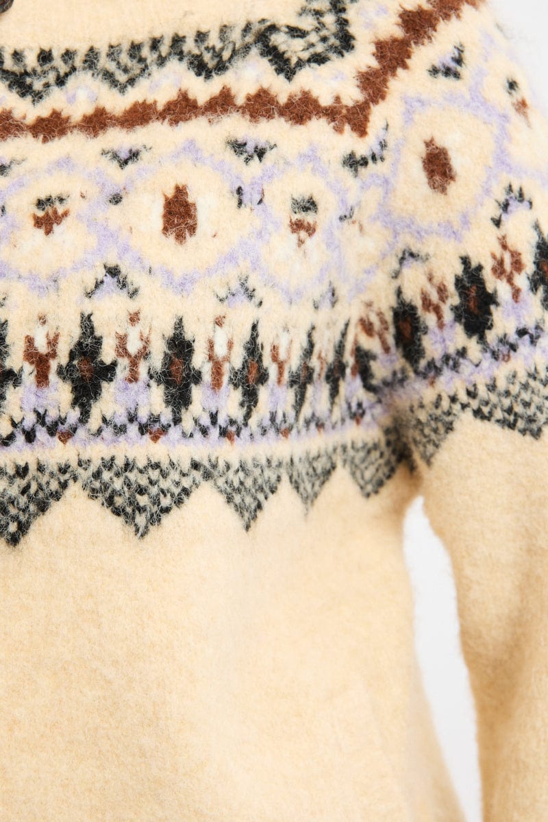 Beige Aztec Knit Cardigan Long Sleeve Crew Neck for Ally Fashion