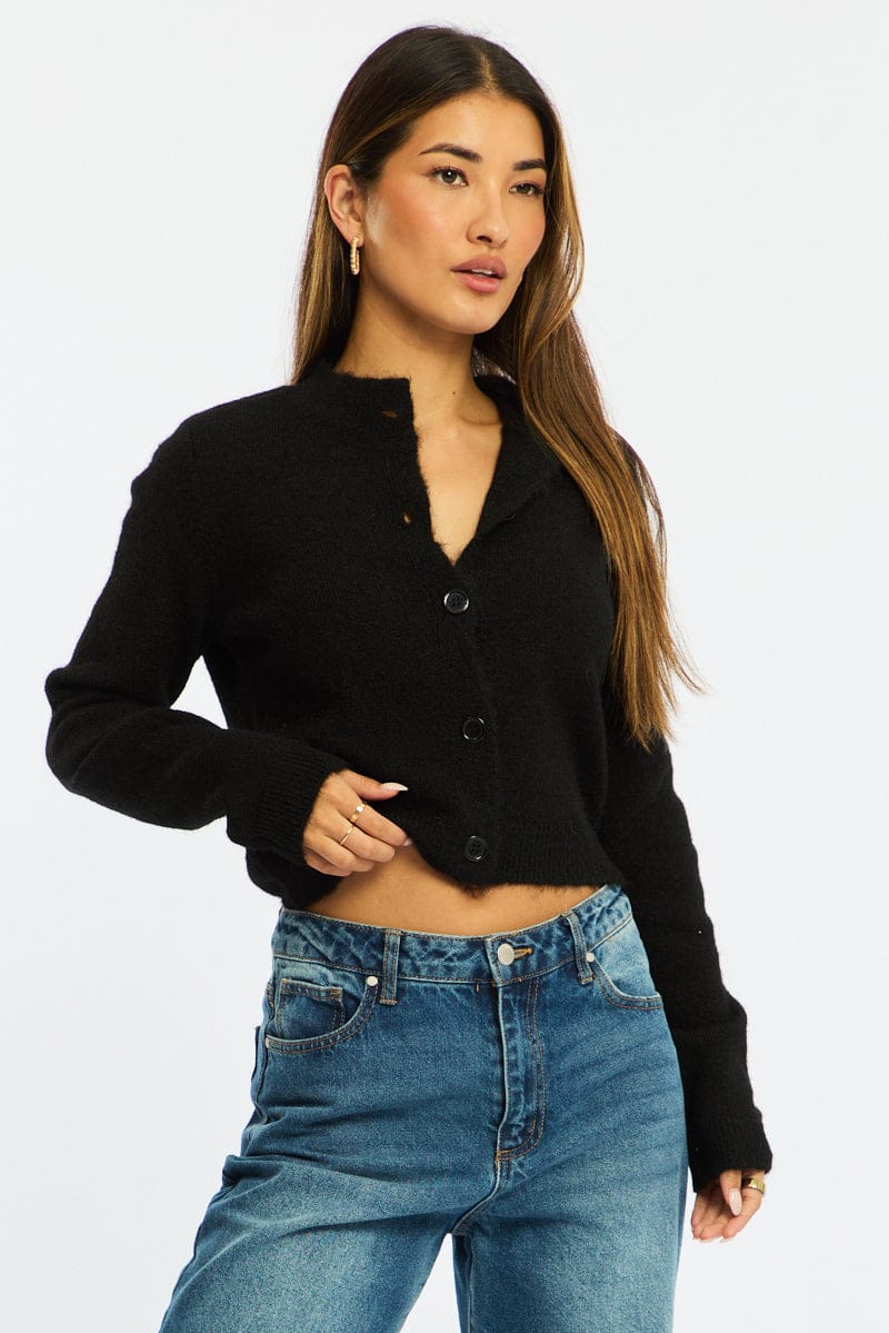 Black Fitted Cardigan Long Sleeve Crew Neck for Ally Fashion