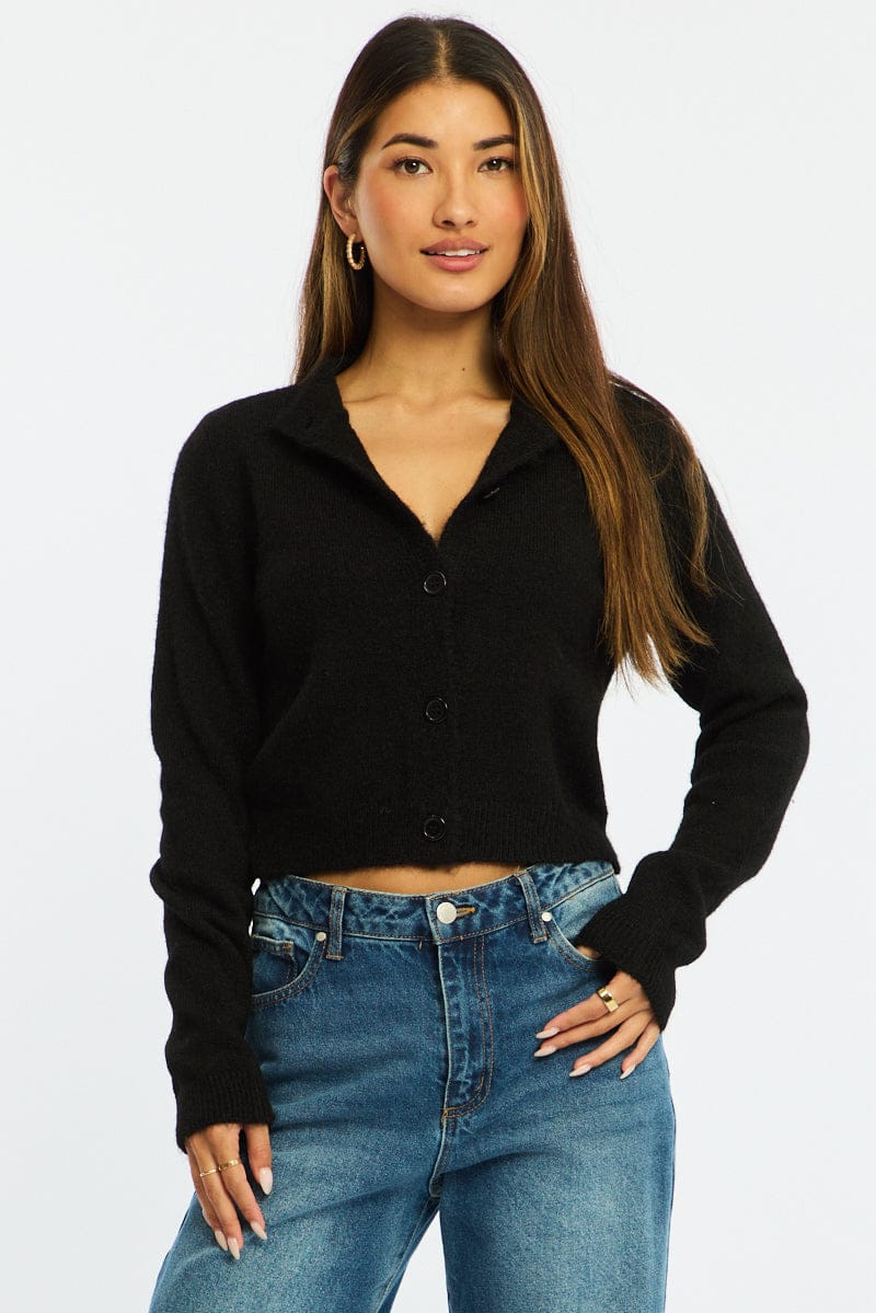 Black Fitted Cardigan Long Sleeve Crew Neck for Ally Fashion