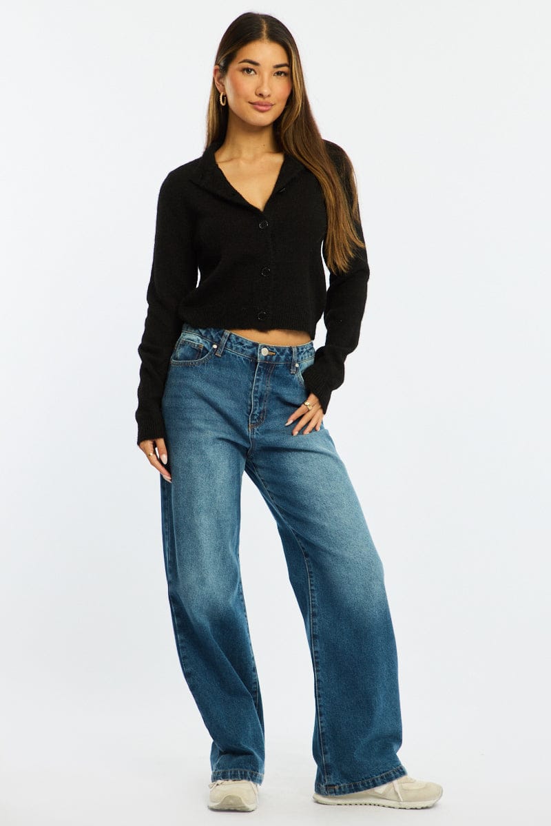 Black Fitted Cardigan Long Sleeve Crew Neck for Ally Fashion