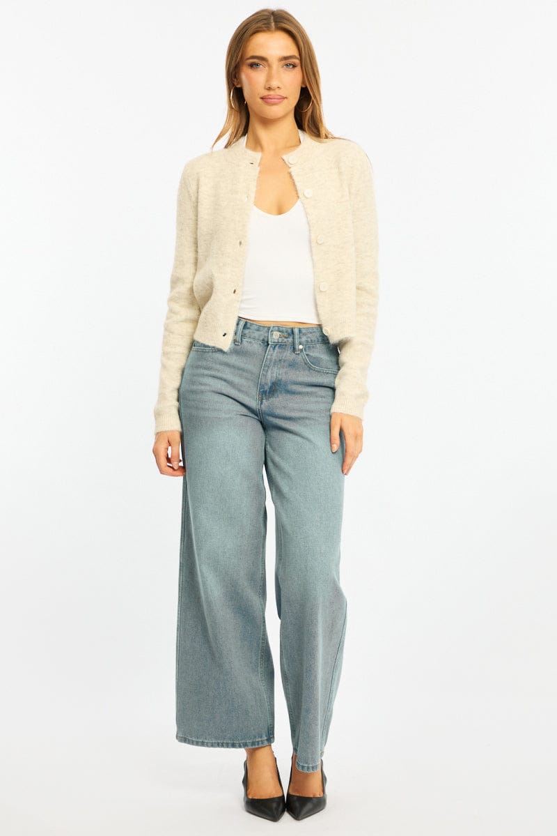 Beige Fitted Cardigan Long Sleeve Crew Neck for Ally Fashion