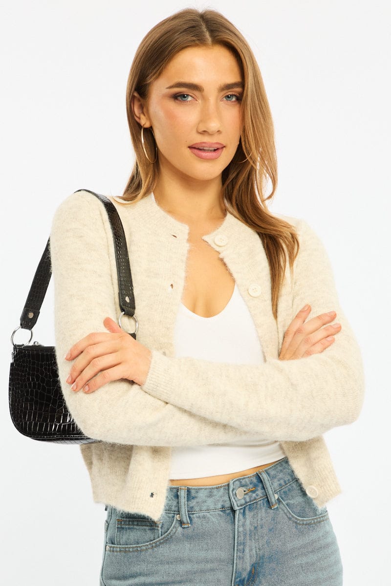 Beige Fitted Cardigan Long Sleeve Crew Neck for Ally Fashion