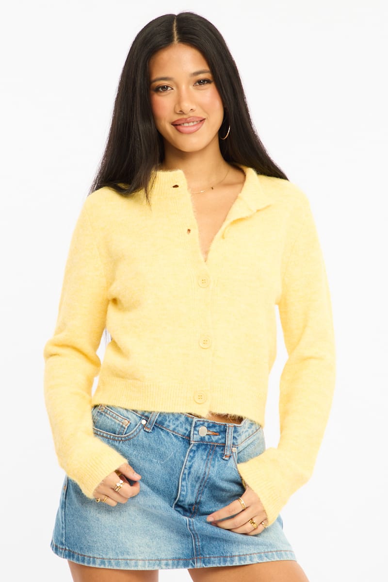 Yellow Fitted Cardigan Long Sleeve Crew Neck for Ally Fashion