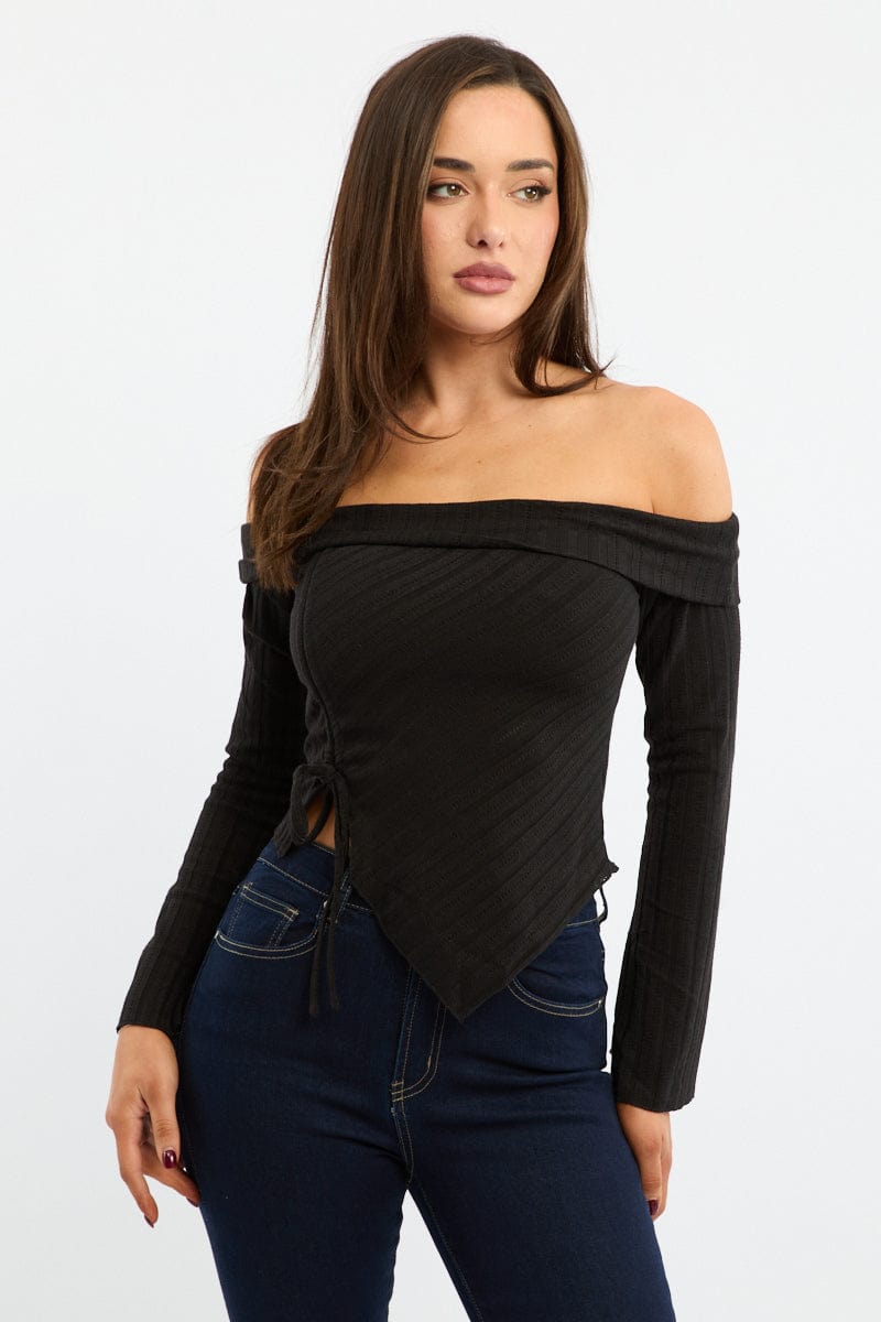 Black Off Shoulder Top Long Sleeve Ruched for Ally Fashion