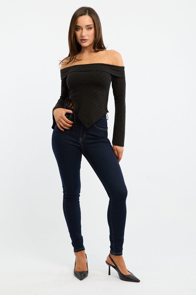 Black Off Shoulder Top Long Sleeve Ruched for Ally Fashion