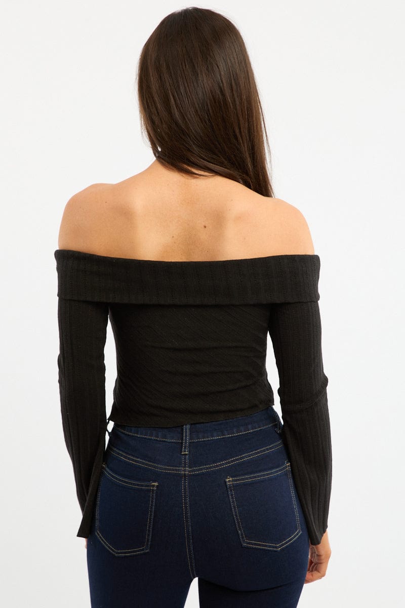 Black Off Shoulder Top Long Sleeve Ruched for Ally Fashion