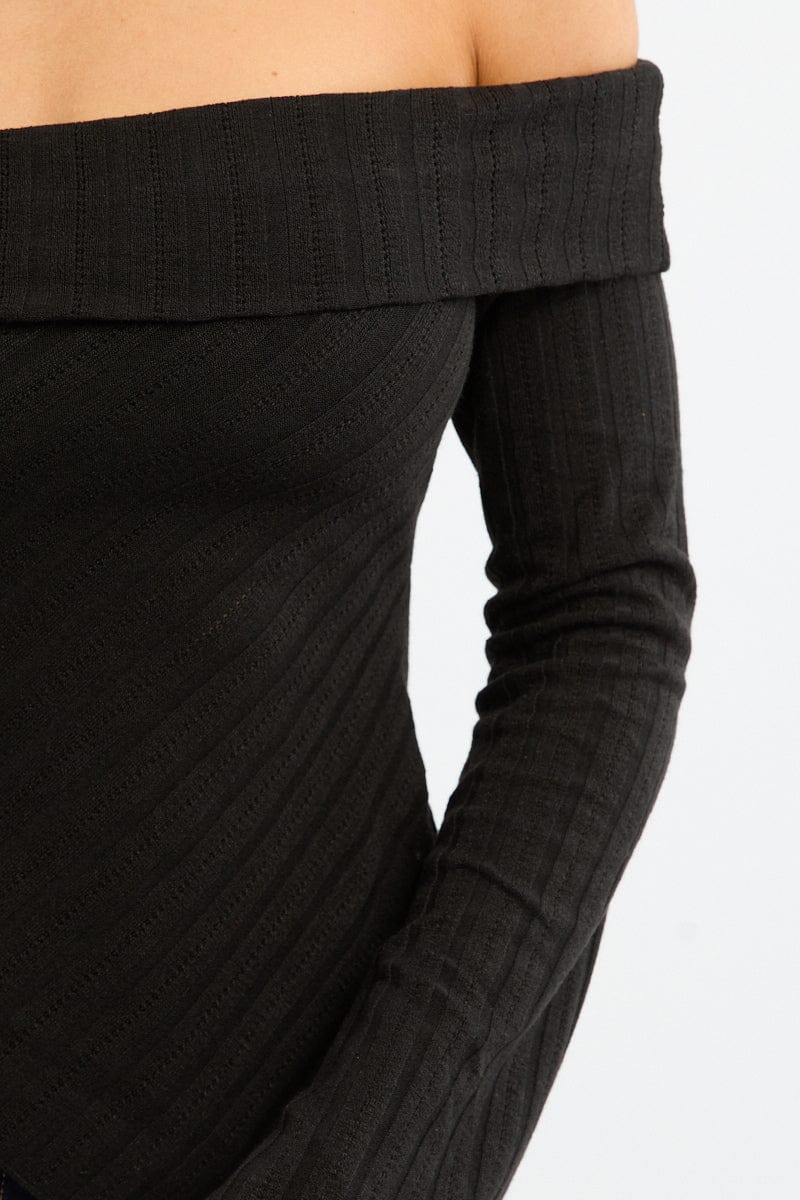 Black Off Shoulder Top Long Sleeve Ruched for Ally Fashion