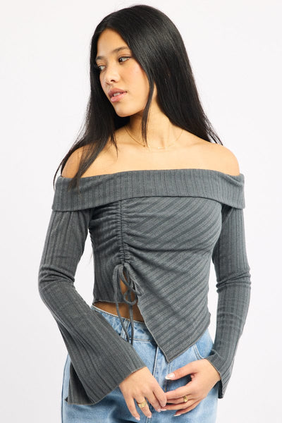 Grey Off Shoulder Top Long Sleeve Ruched | Ally Fashion
