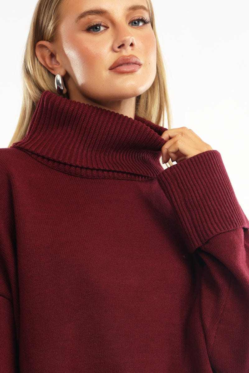 Red Knit Top Long Sleeve Oversized High Neck for Ally Fashion