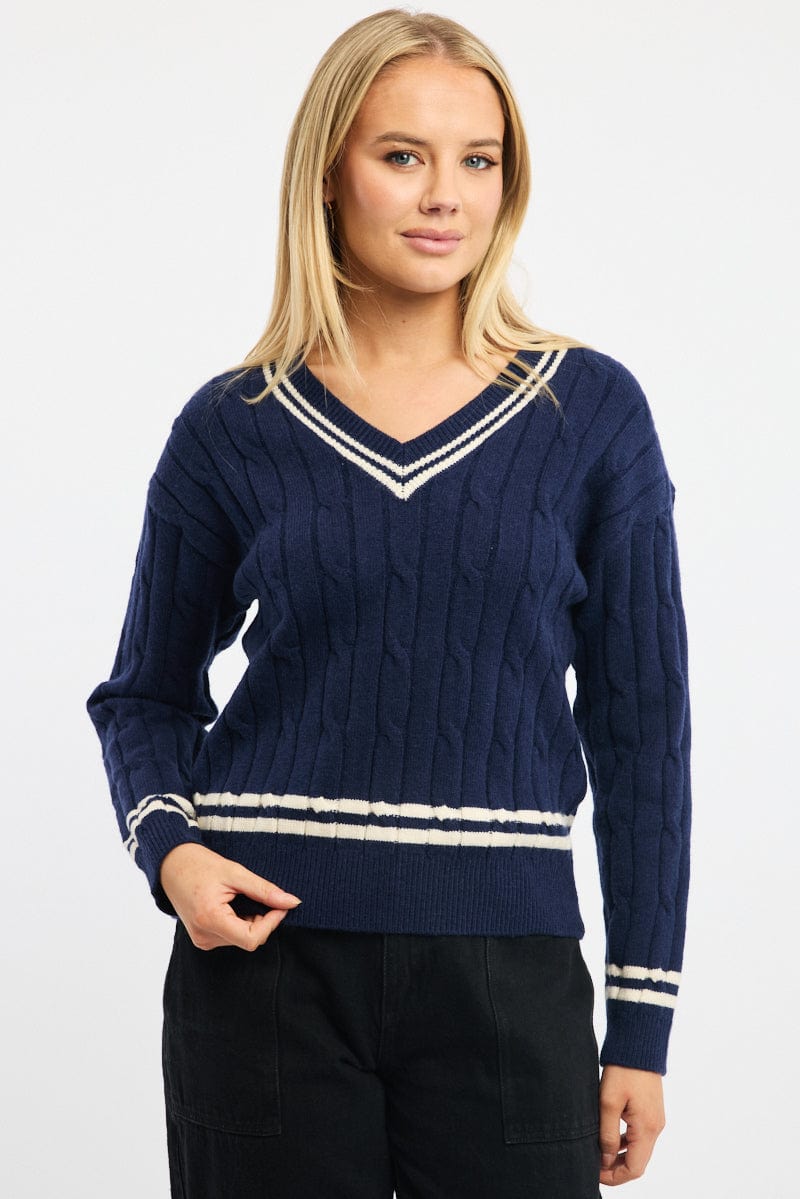 Blue Cable Knit Top Long Sleeve V-neck for Ally Fashion
