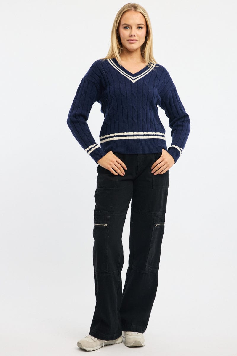 Blue Cable Knit Top Long Sleeve V-neck for Ally Fashion