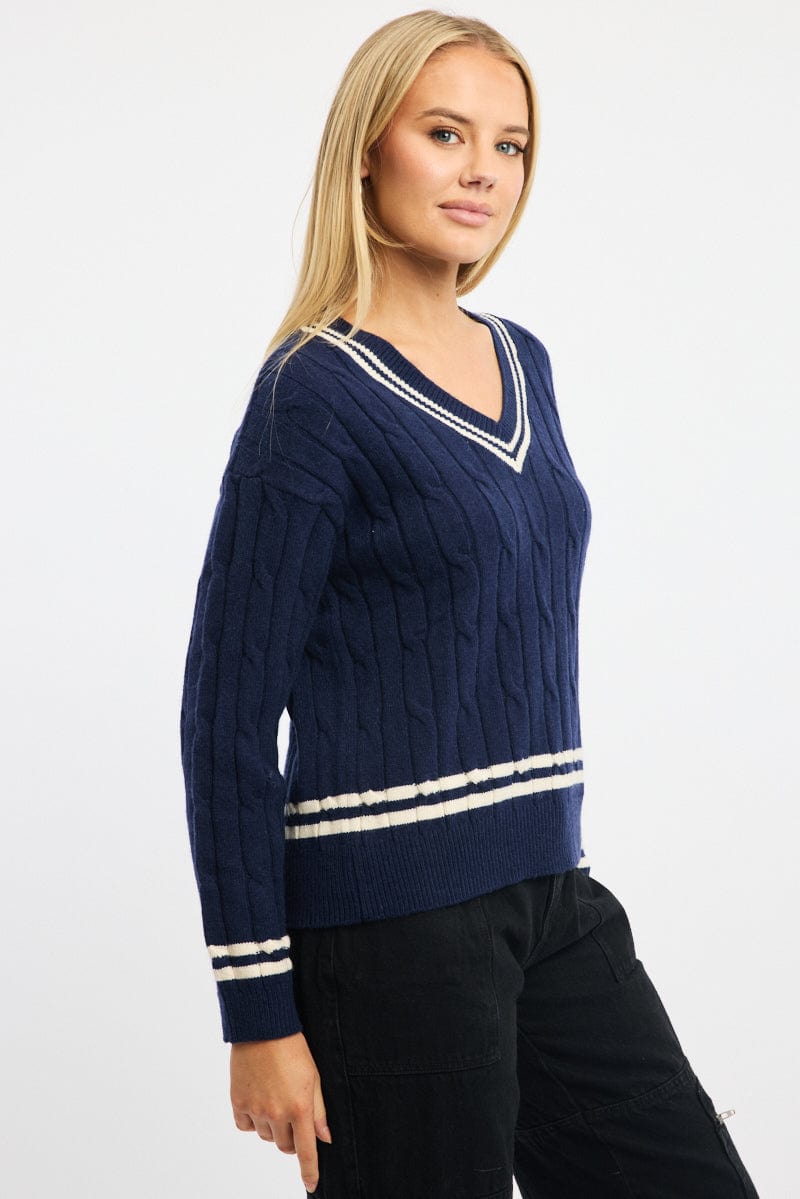 Blue Cable Knit Top Long Sleeve V-neck for Ally Fashion