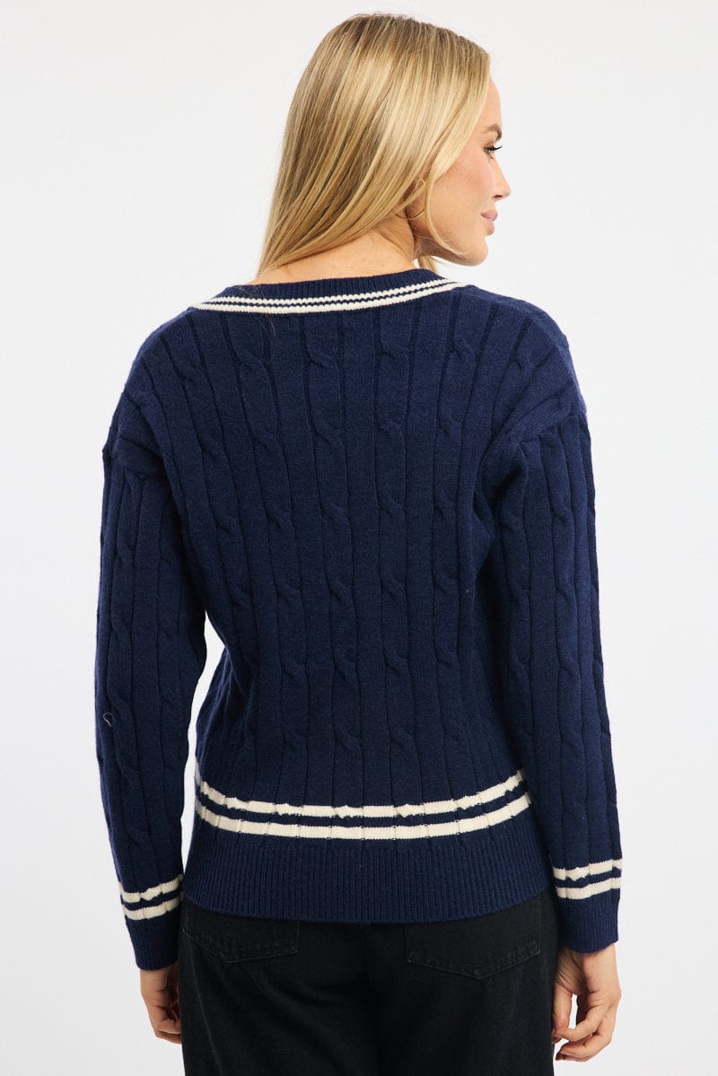 Blue Cable Knit Top Long Sleeve V-neck for Ally Fashion