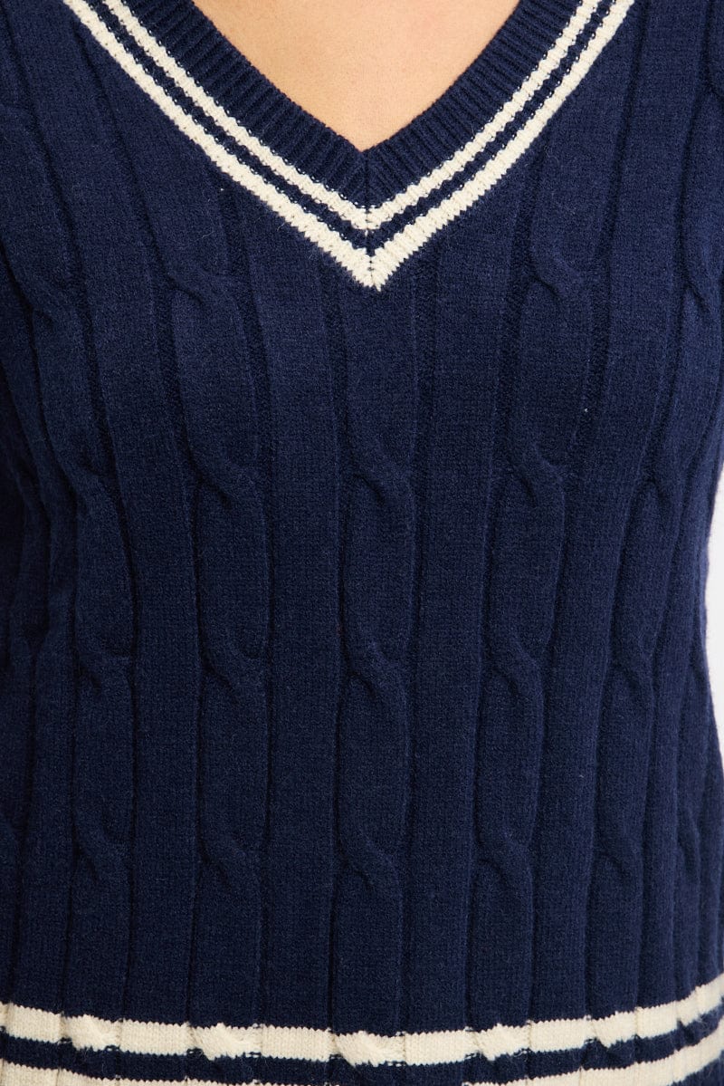 Blue Cable Knit Top Long Sleeve V-neck for Ally Fashion
