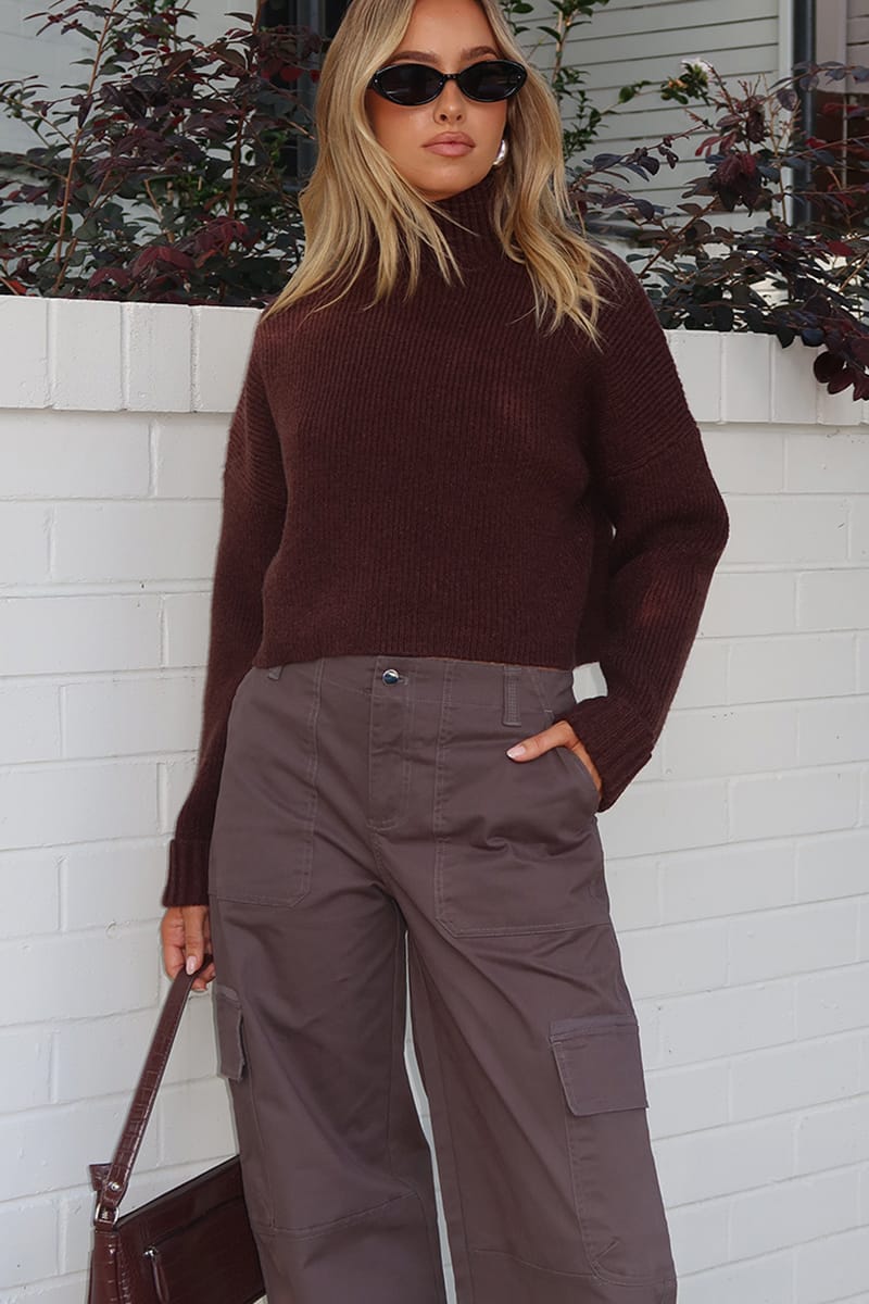 Brown Jumper Long Sleeve High Neck for Ally Fashion