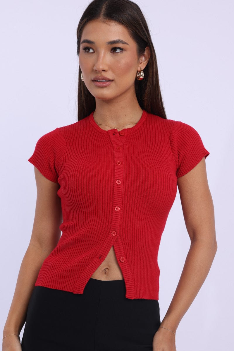 Red Knit Top Short Sleeve Ribbed | Ally Fashion