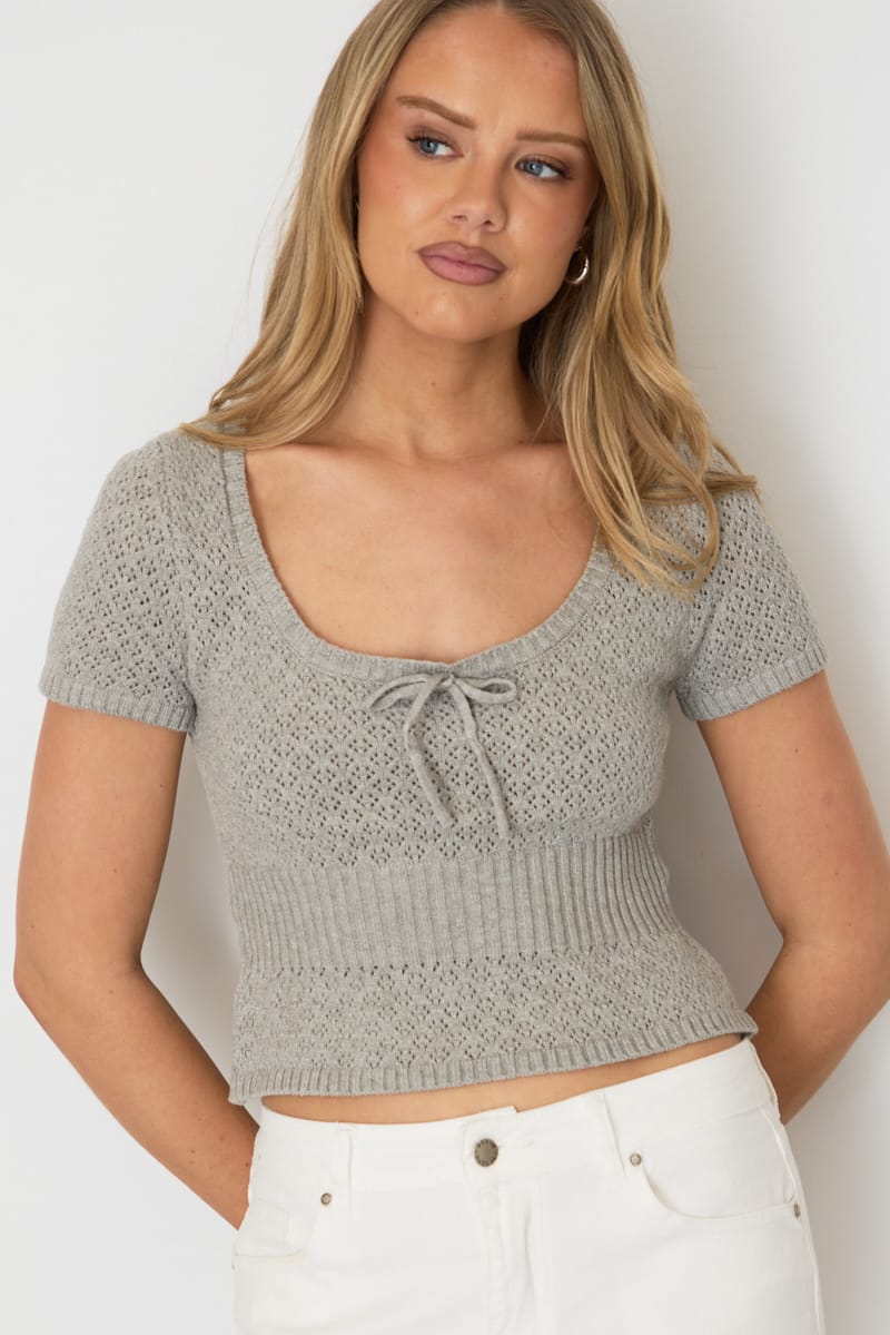 Grey Pointelle Knit Top Short Sleeve for Ally Fashion