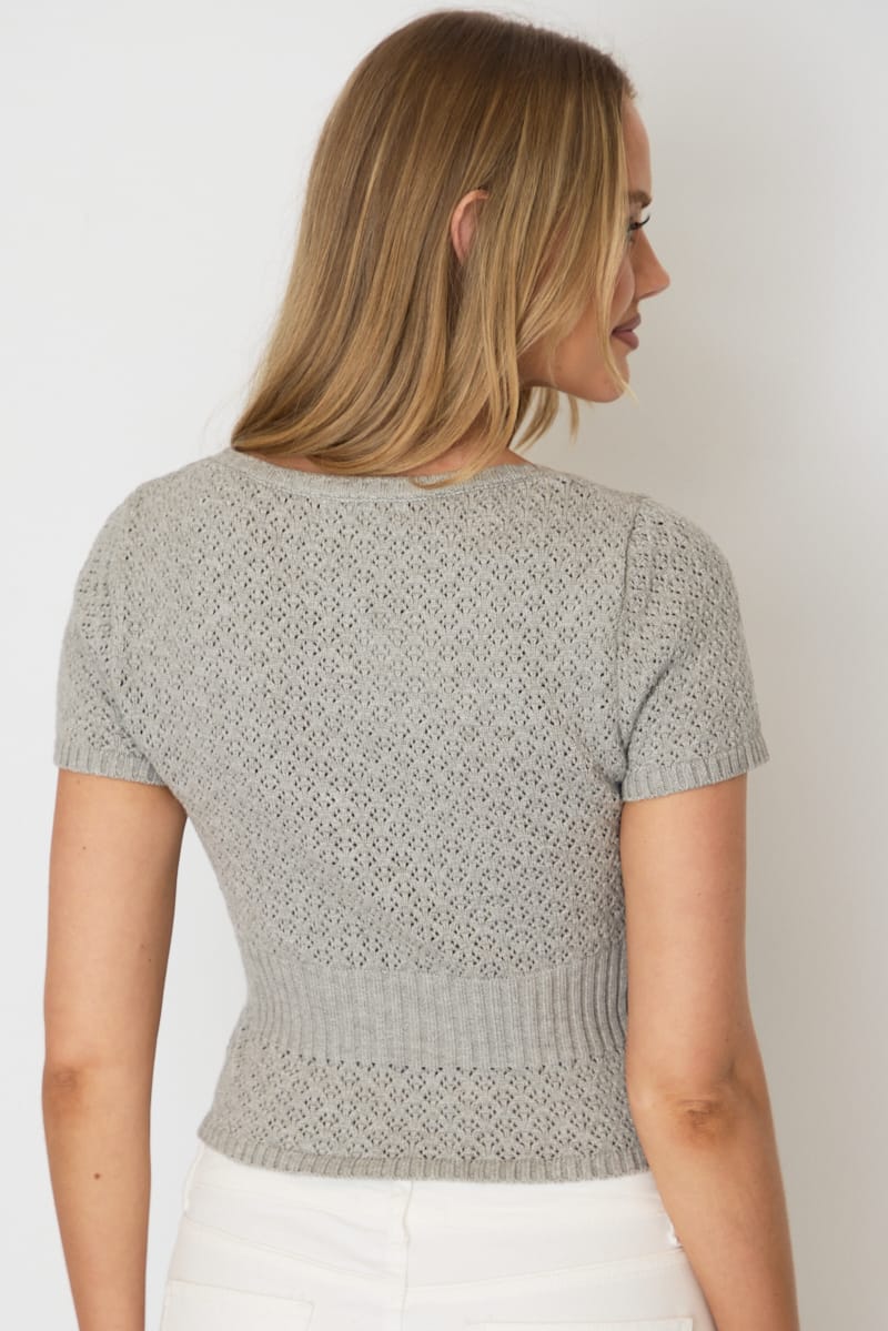 Grey Pointelle Knit Top Short Sleeve for Ally Fashion