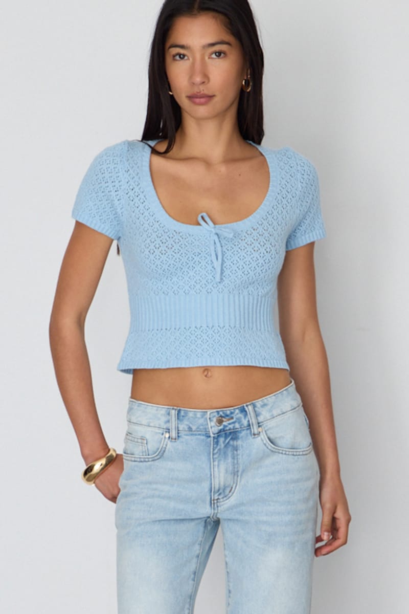 Blue Pointelle Knit Top Short Sleeve for Ally Fashion