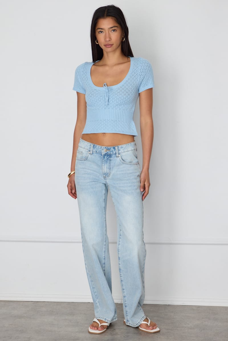 Blue Pointelle Knit Top Short Sleeve for Ally Fashion