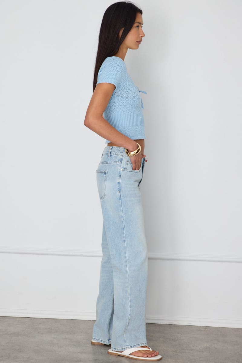 Blue Pointelle Knit Top Short Sleeve for Ally Fashion