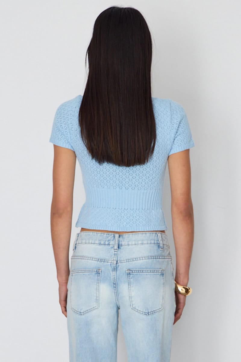 Blue Pointelle Knit Top Short Sleeve for Ally Fashion