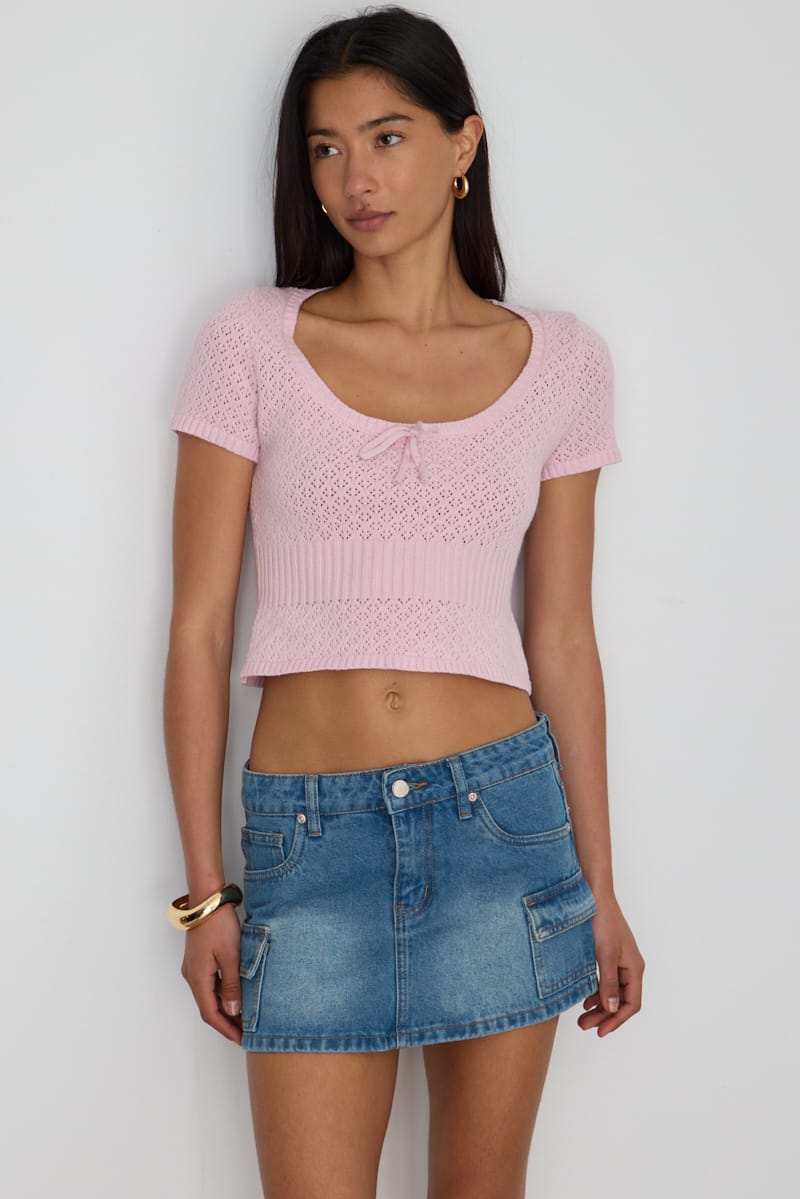 Pink Pointelle Knit Top Short Sleeve for Ally Fashion